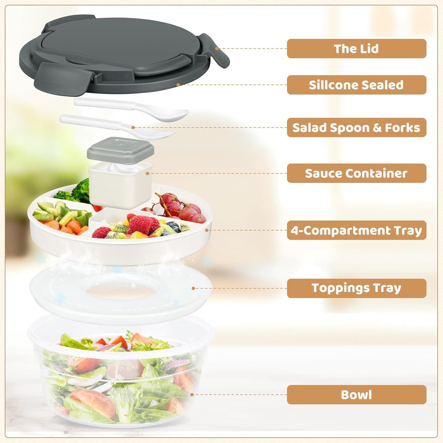 Contenedor de Ensalada JSLOVE 1.7L con 4 Compartimentos