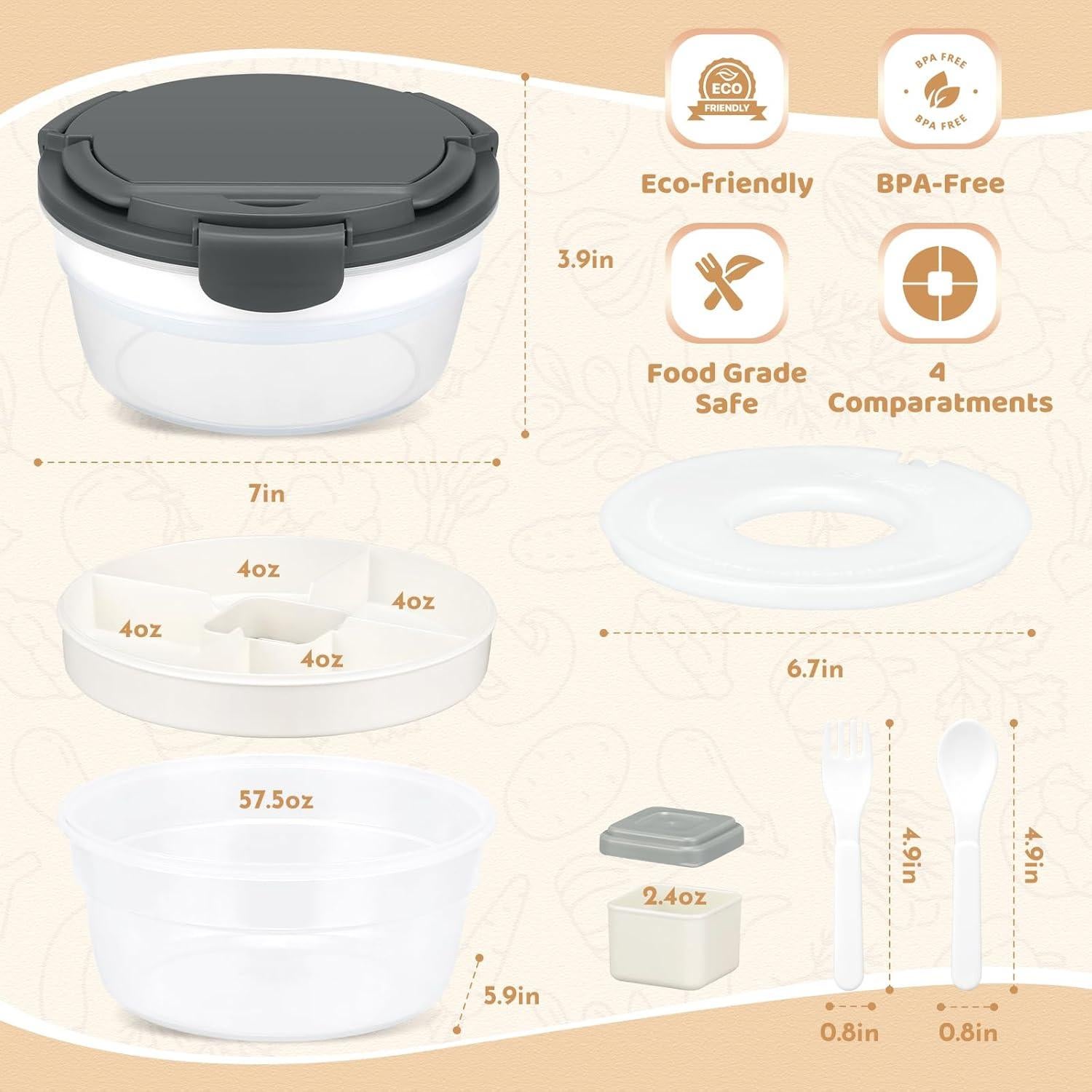 Contenedor de Ensalada JSLOVE 1.7L con 4 Compartimentos
