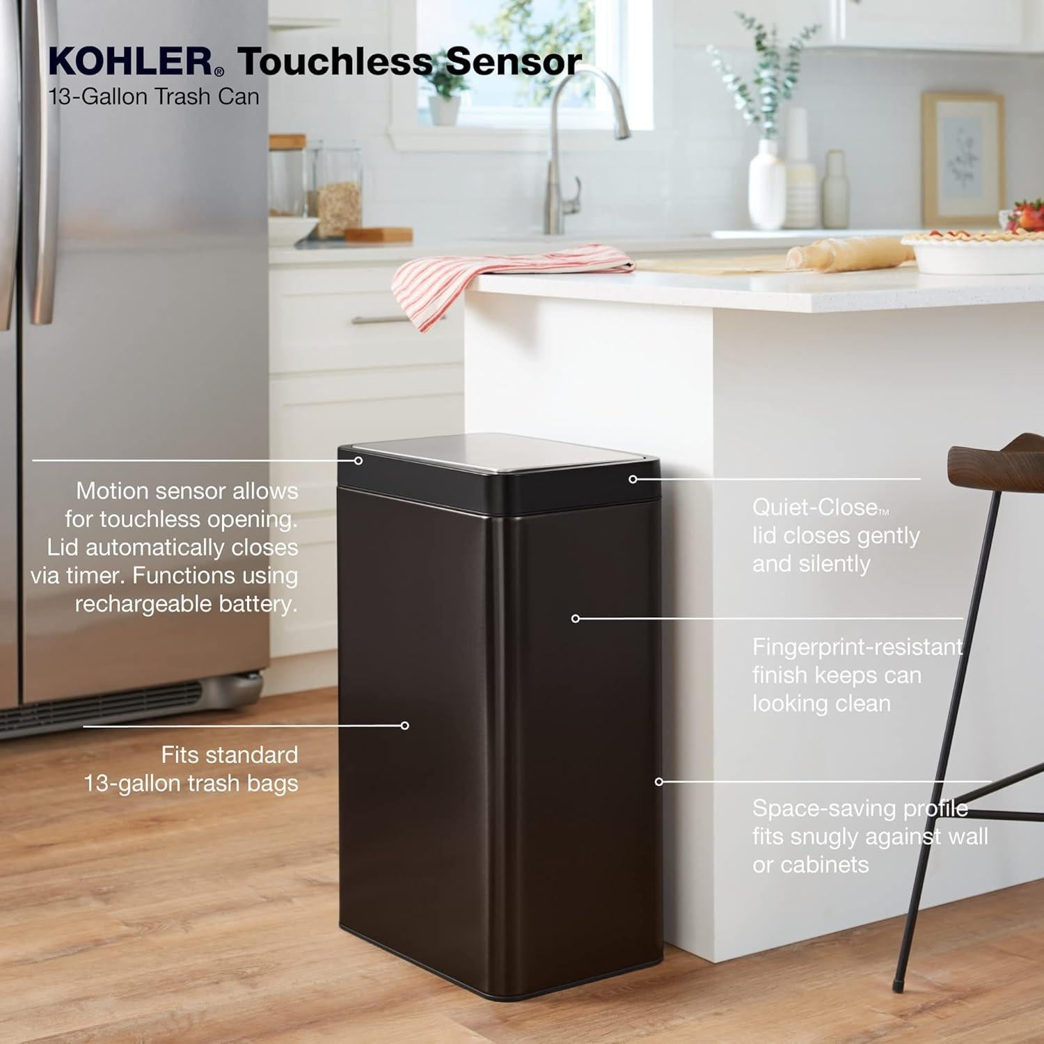 Basurero sin contacto Kohler 49L acero inoxidable negro