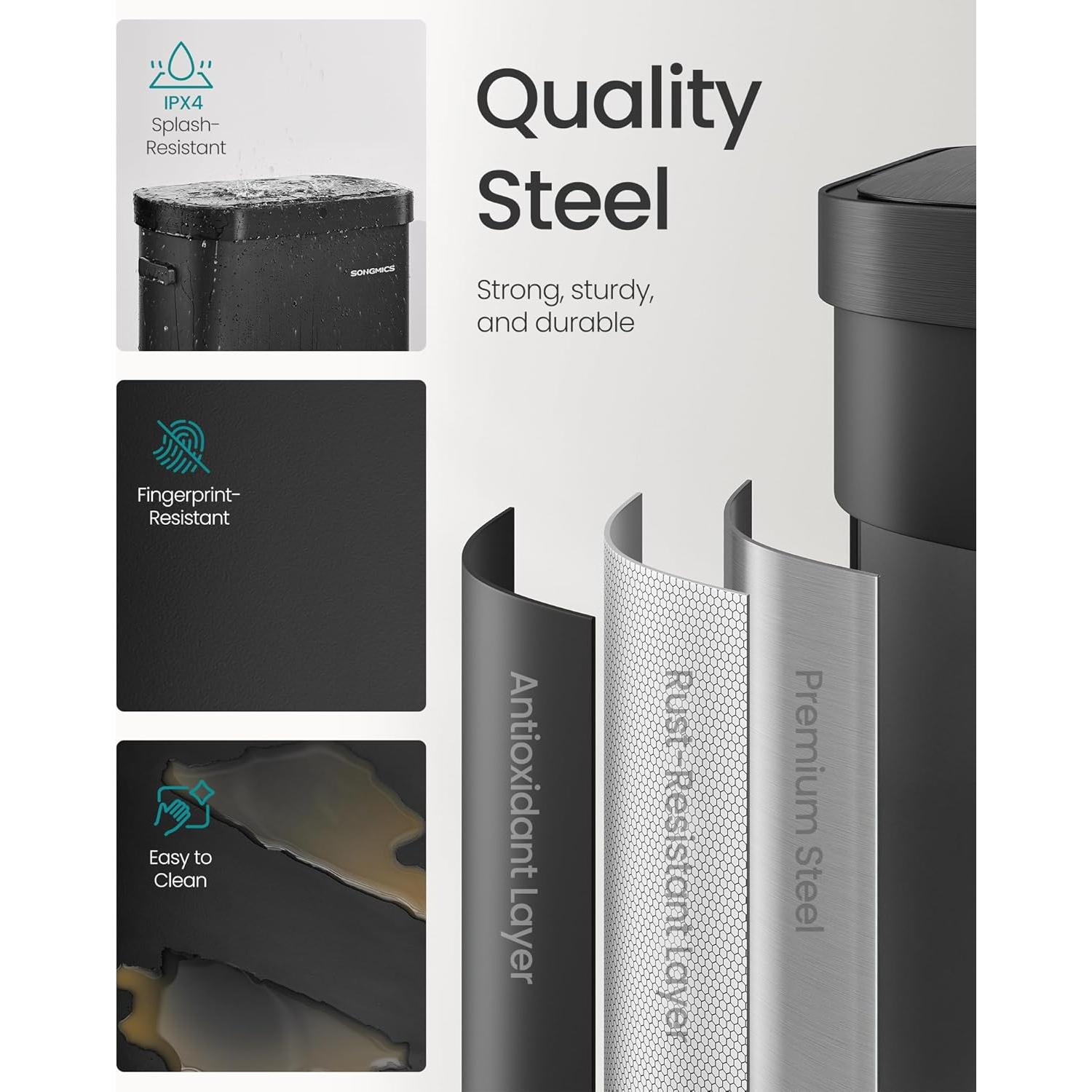 Papelera Automática SONGMICS 50L con Sensor de Movimiento, Acero Inoxidable, Negro