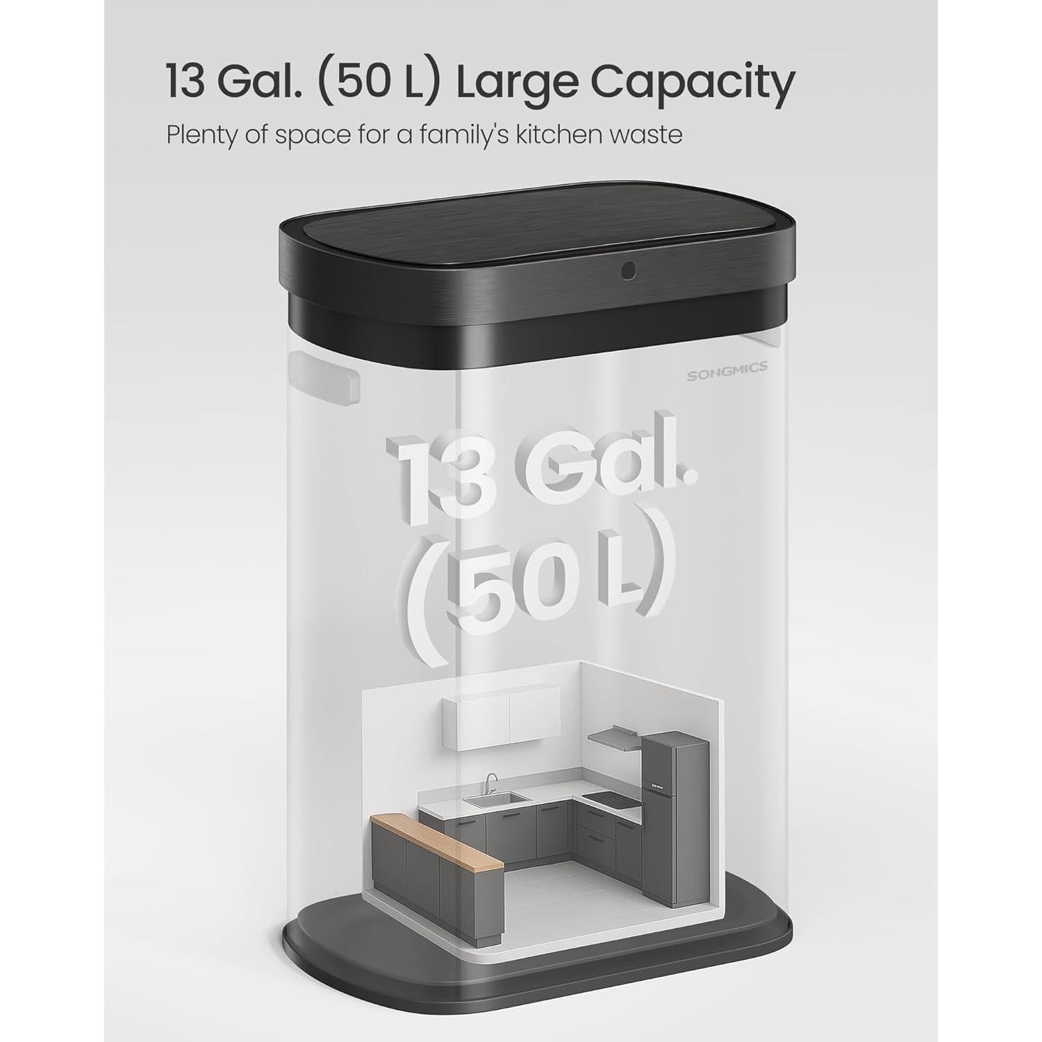 Papelera Automática SONGMICS 50L con Sensor de Movimiento, Acero Inoxidable, Negro