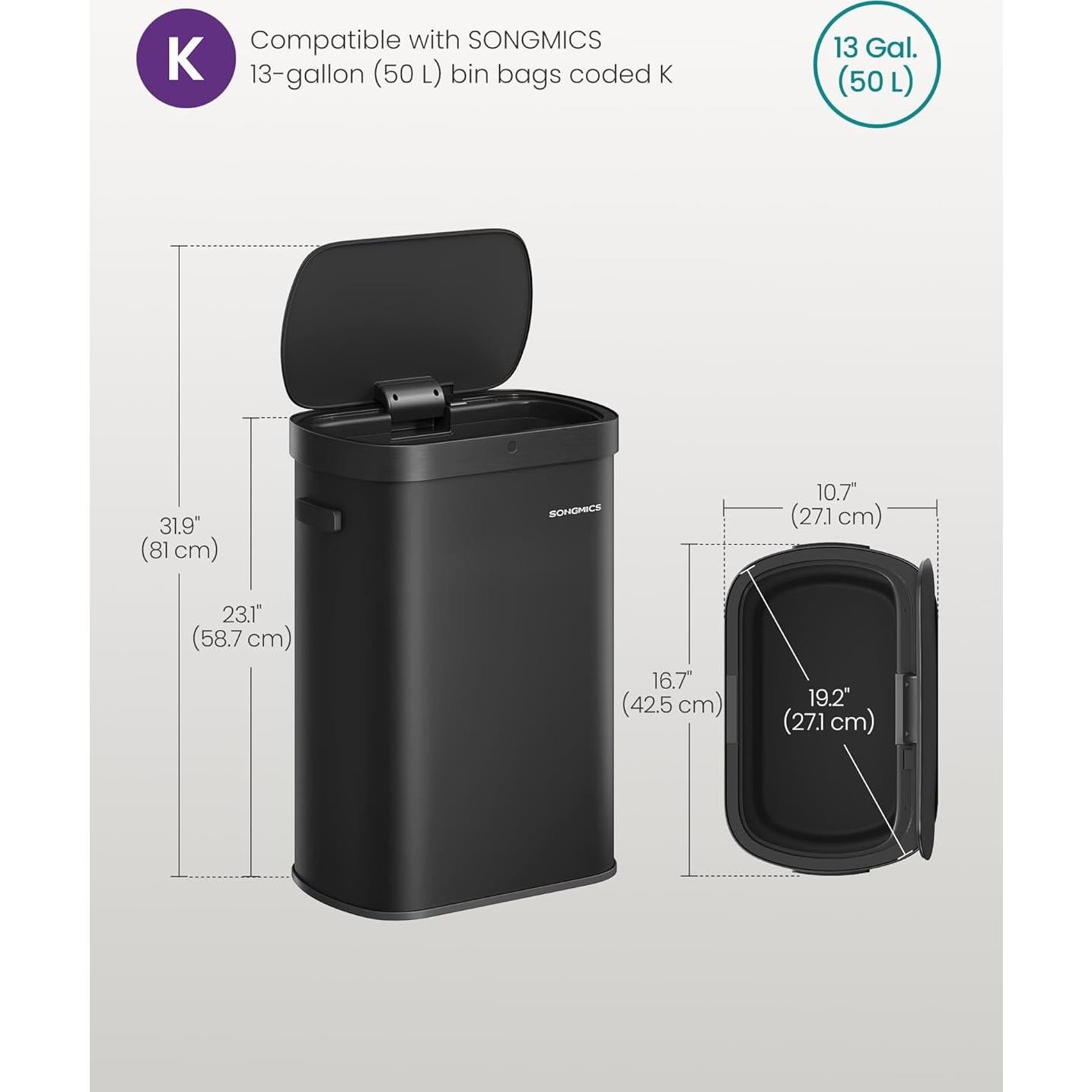 Papelera Automática SONGMICS 50L con Sensor de Movimiento, Acero Inoxidable, Negro