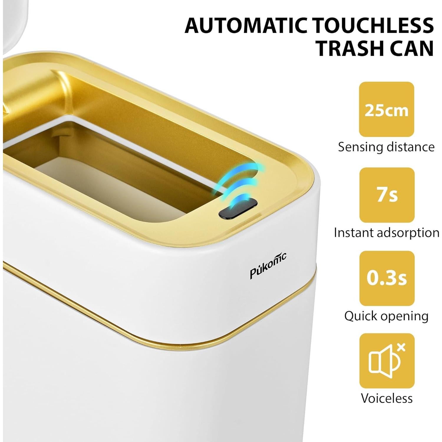Basurero Automático Pukomc 9L Blanco y Dorado con Sensor