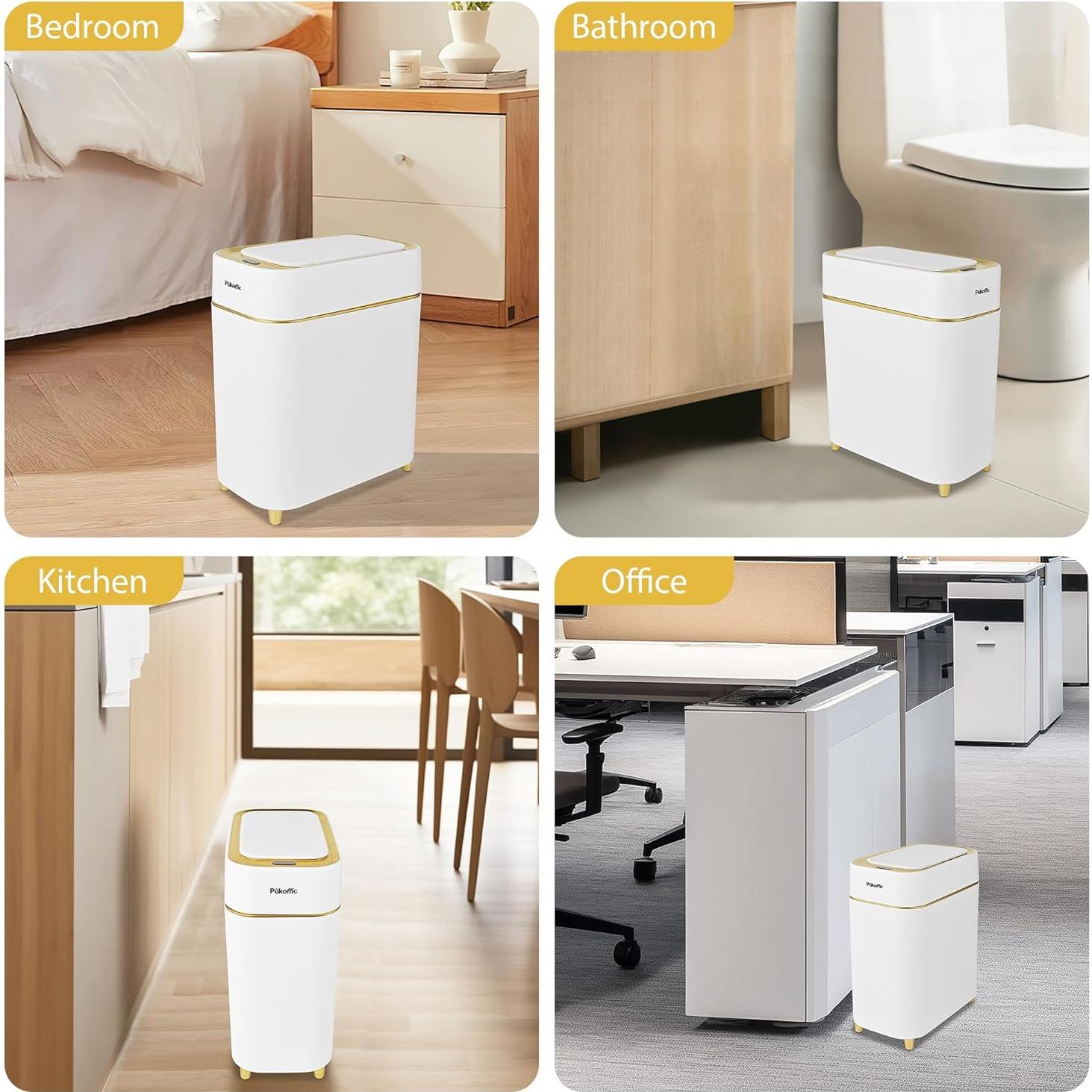 Basurero Automático Pukomc 9L Blanco y Dorado con Sensor