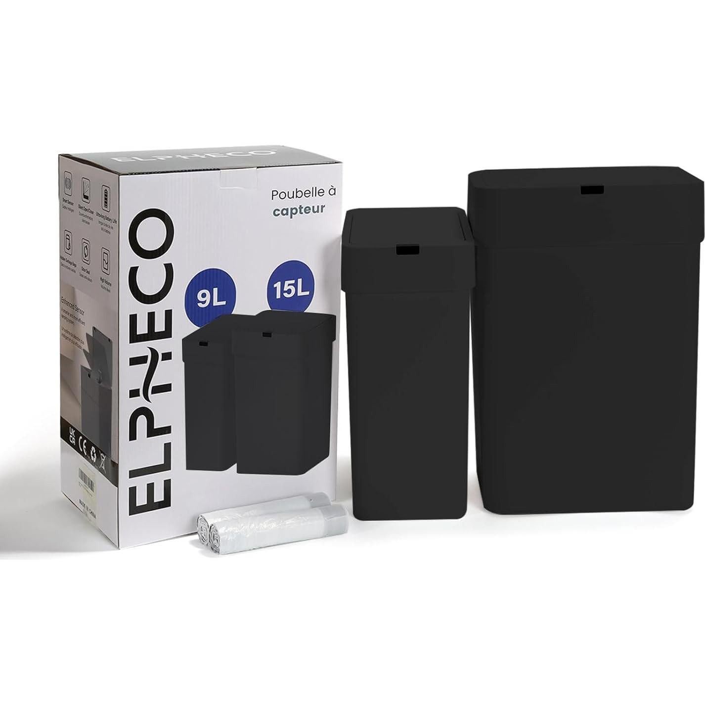 Papelera automática ELPHECO 2 en 1, 9.46L y 15.14L, negra