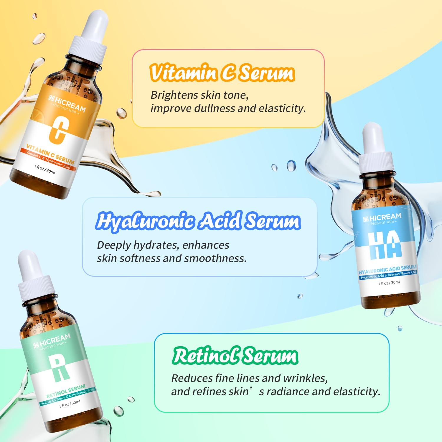 Conjunto de Suero Facial Hicream 3 Piezas 30 ml - Vitamina C, Ácido Hialurónico y Retinol