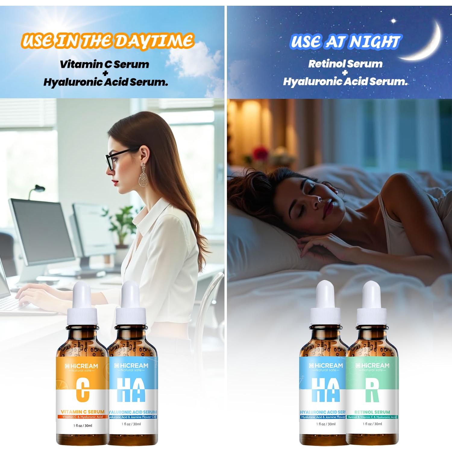 Conjunto de Suero Facial Hicream 3 Piezas 30 ml - Vitamina C, Ácido Hialurónico y Retinol