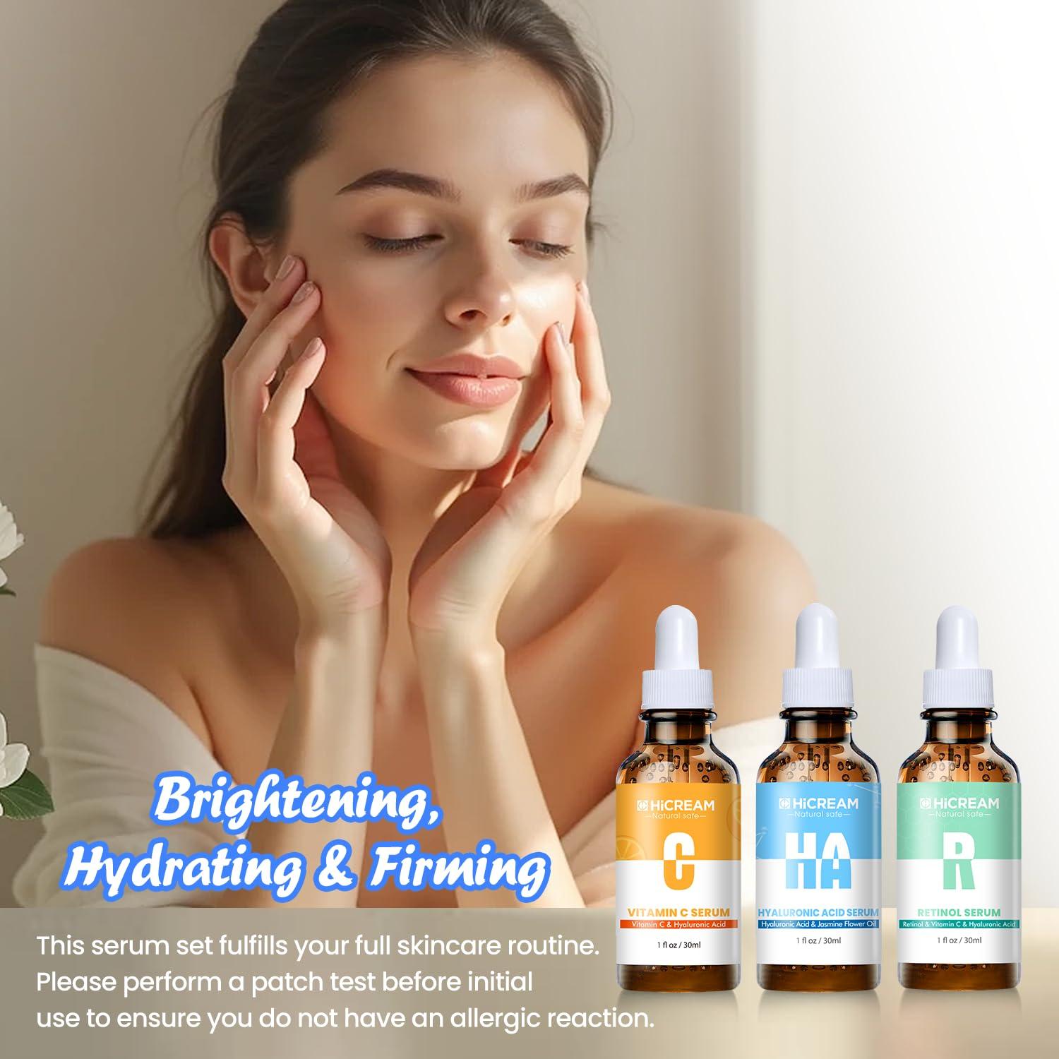 Conjunto de Suero Facial Hicream 3 Piezas 30 ml - Vitamina C, Ácido Hialurónico y Retinol