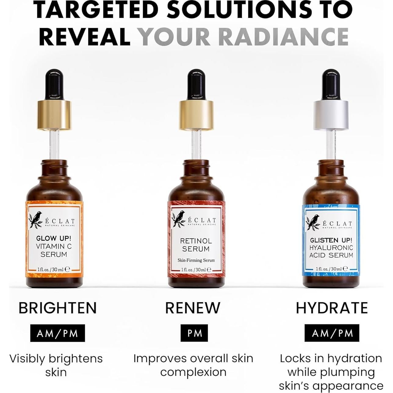 Set de Sueros Faciales Eclat Skincare - Vitamina C, Retinol y Ácido Hialurónico