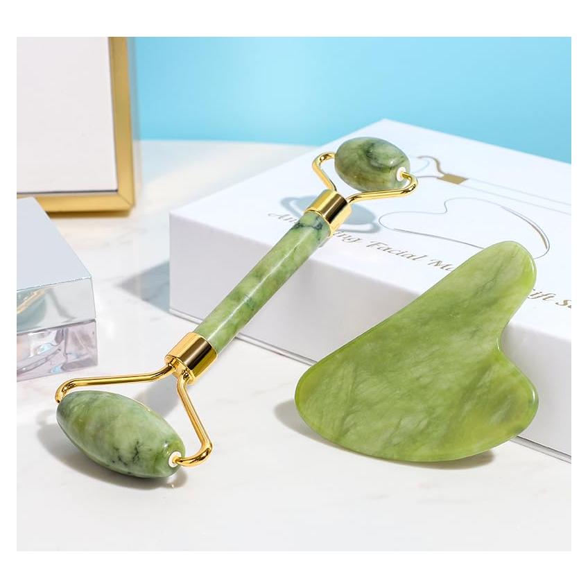 Rodillo Facial de Jade Natural y Gua Sha Olive Beauty 2 Piezas