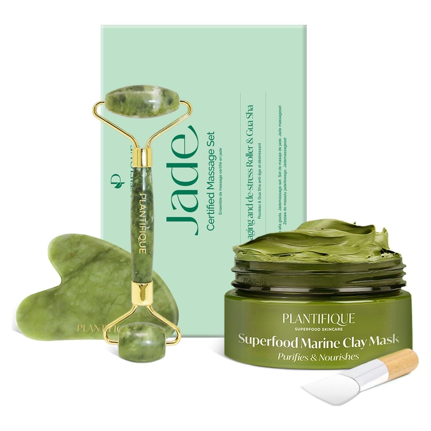 Juego de Rodillo de Jade y Gua Sha PLANTIFIQUE + Mascarilla Hidratante