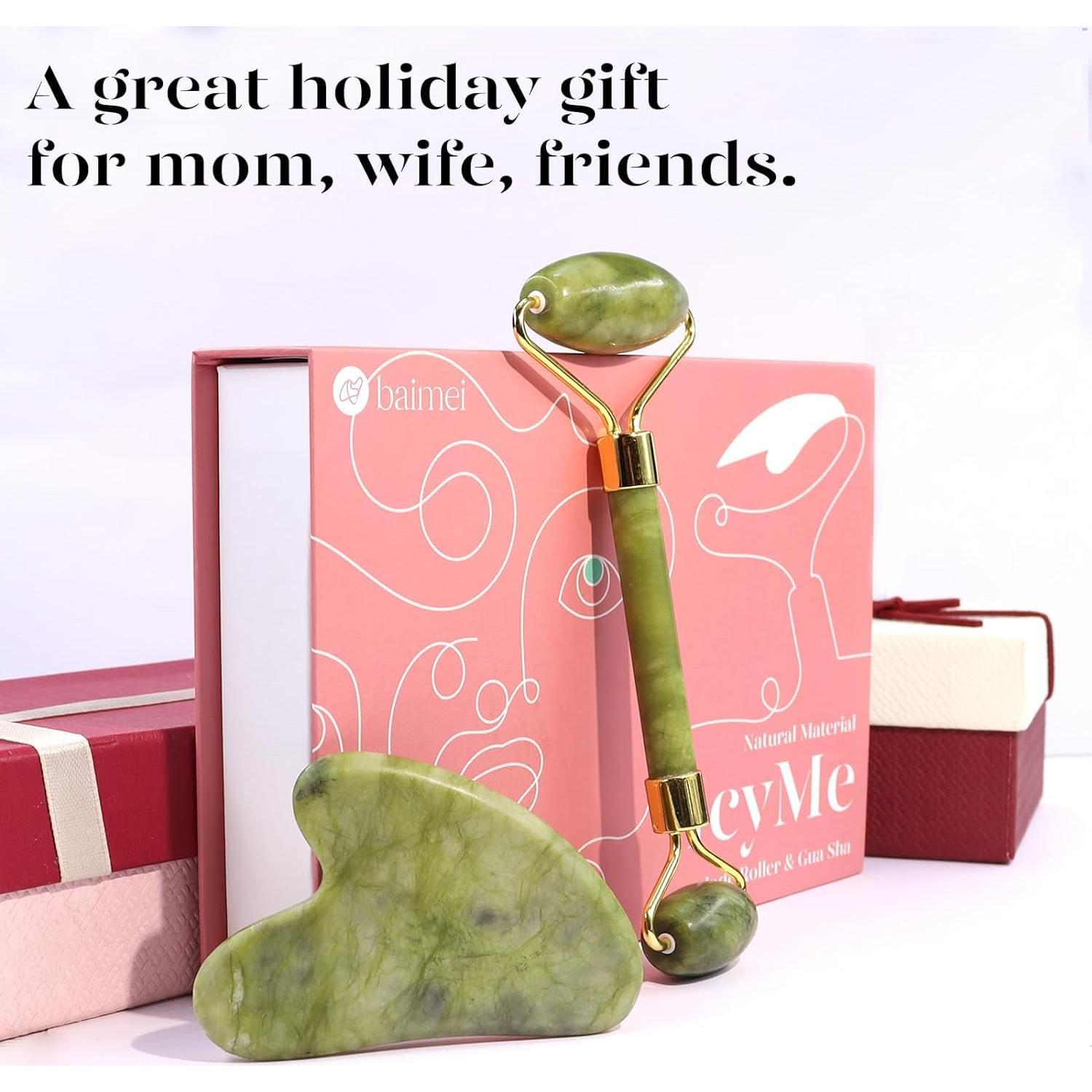 Set de Masaje Facial BAIMEI - 2 Gua Sha y 1 Rodillo de Jade