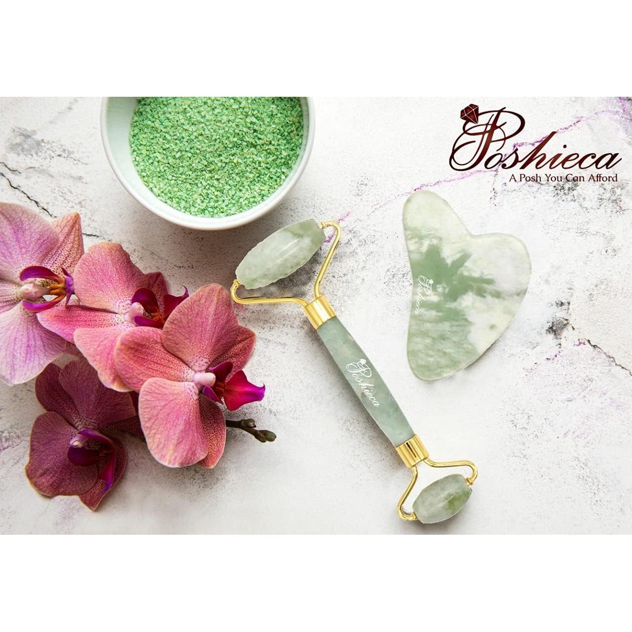 Rodillo Facial y Gua Sha Poshieca - Set Verde Antienvejecimiento