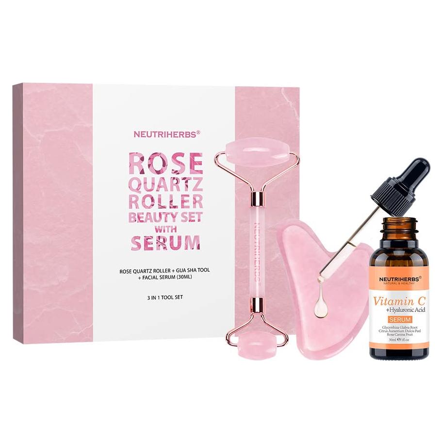 NEUTRIHERBS Jade Gua Sha & Face Roller & Vitamin C Serum Facial Tool Set(3 in 1 Kit), Home Face Massager for Wrinkle,Fine Line,Puffiness,Firm Smooth Relax Skin -- Pink