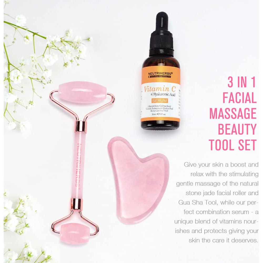 NEUTRIHERBS Jade Gua Sha & Face Roller & Vitamin C Serum Facial Tool Set(3 in 1 Kit), Home Face Massager for Wrinkle,Fine Line,Puffiness,Firm Smooth Relax Skin -- Pink