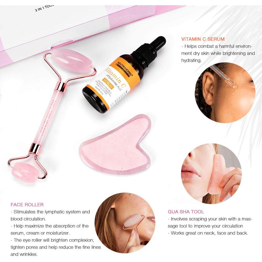 NEUTRIHERBS Jade Gua Sha & Face Roller & Vitamin C Serum Facial Tool Set(3 in 1 Kit), Home Face Massager for Wrinkle,Fine Line,Puffiness,Firm Smooth Relax Skin -- Pink