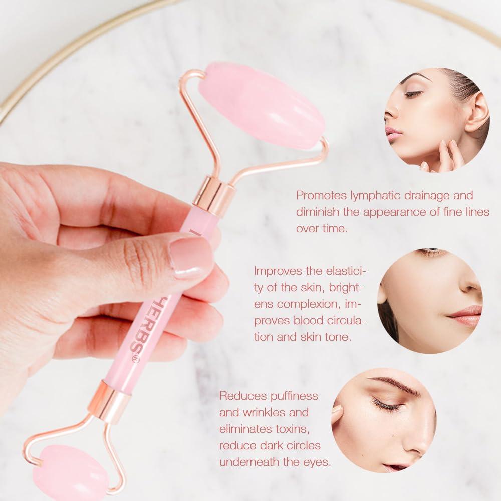 NEUTRIHERBS Jade Gua Sha & Face Roller & Vitamin C Serum Facial Tool Set(3 in 1 Kit), Home Face Massager for Wrinkle,Fine Line,Puffiness,Firm Smooth Relax Skin -- Pink