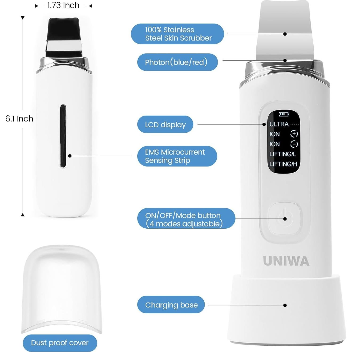 Espátula Facial UNIWA Skin Scrubber - 4 Modos, USB, IPX7