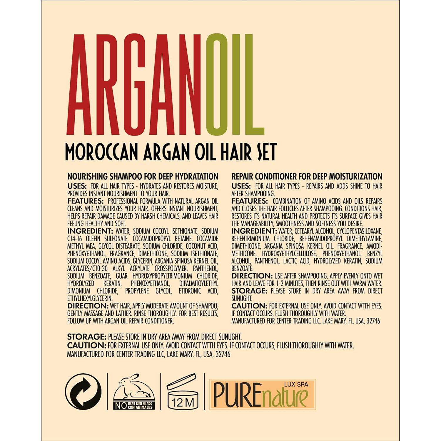 Juego de Champú y Acondicionador Pure Nature Lux Spa - Aceite de Argán Hidratante - Libre de Sulfatos