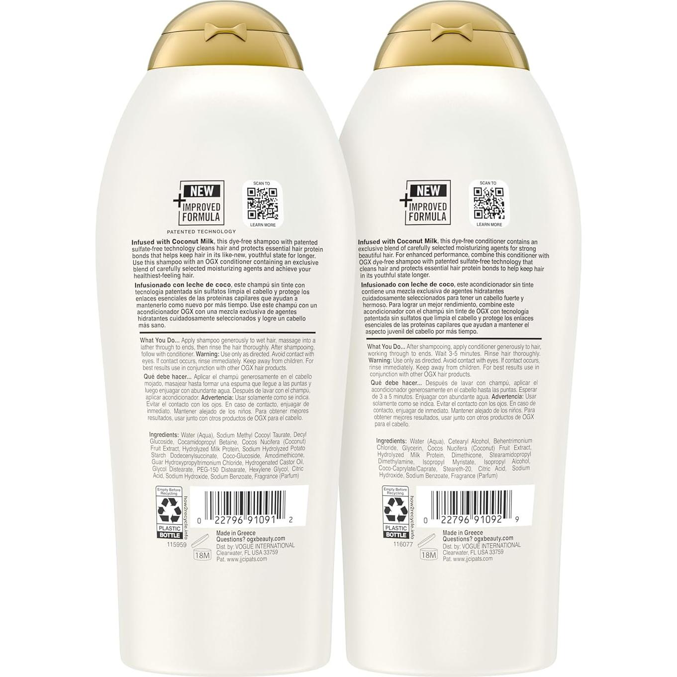 Conjunto Champú y Acondicionador OGX 750 ml Leche de Coco Sin Sulfatos