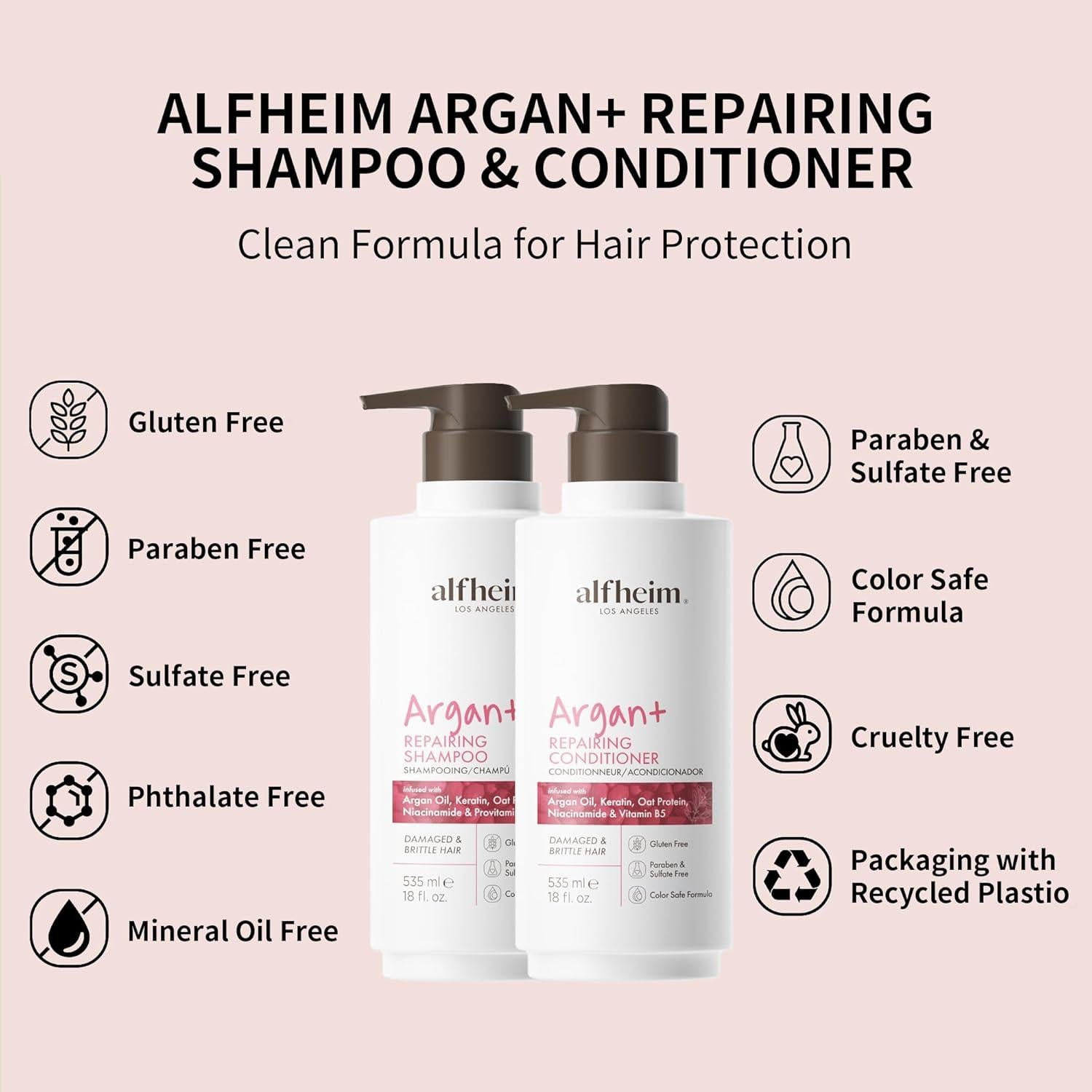 Champú y Acondicionador Reparador Alfheim 532ml x2 | Aceite de Argan, Queratina, Niacinamida | Libre de Sulfatos y Parabenos