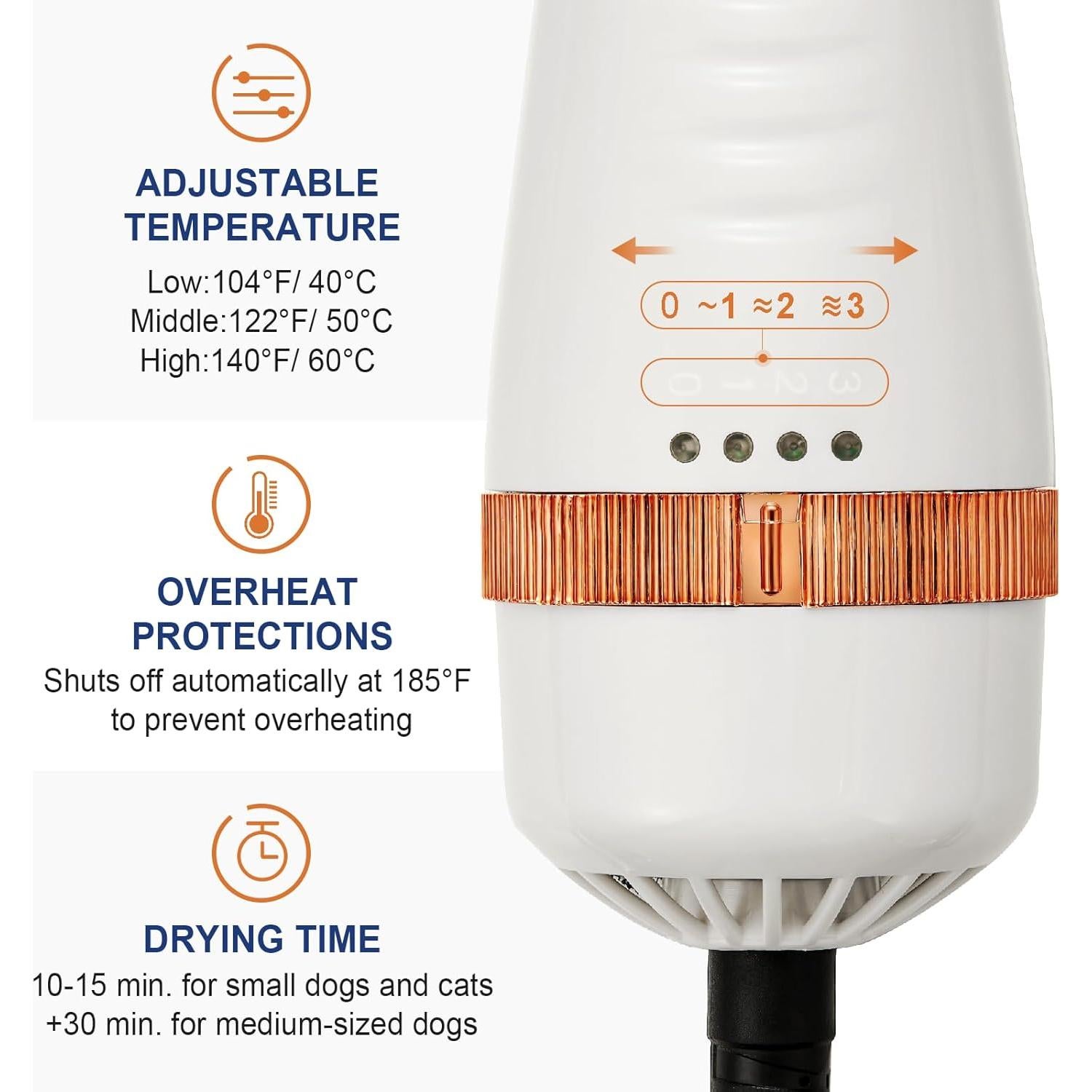 Cepillo Secador 3 en 1 para Mascotas POPET - Portátil, Ajustable