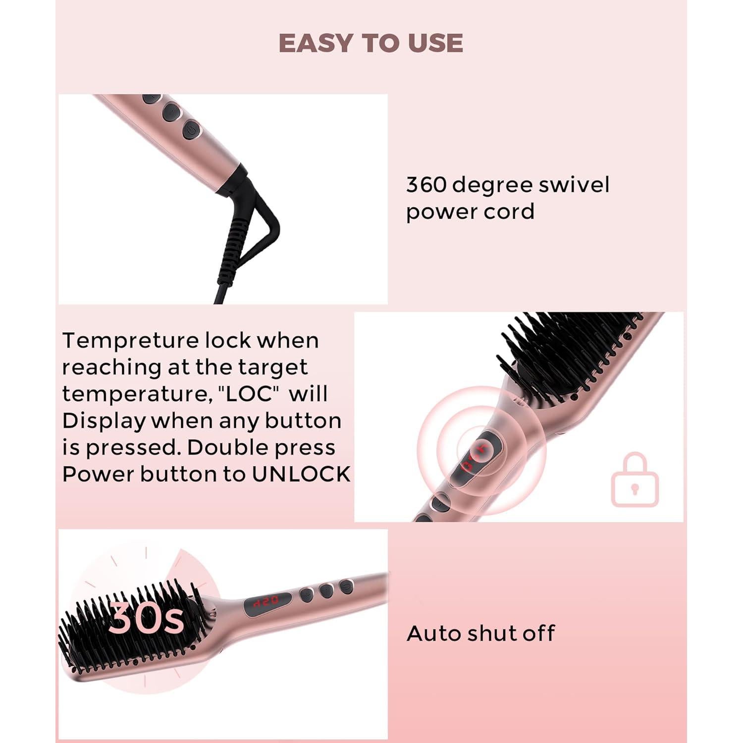 Cepillo Alisador Cerámico MEGAWISE KL-1025 Rosa 2-en-1