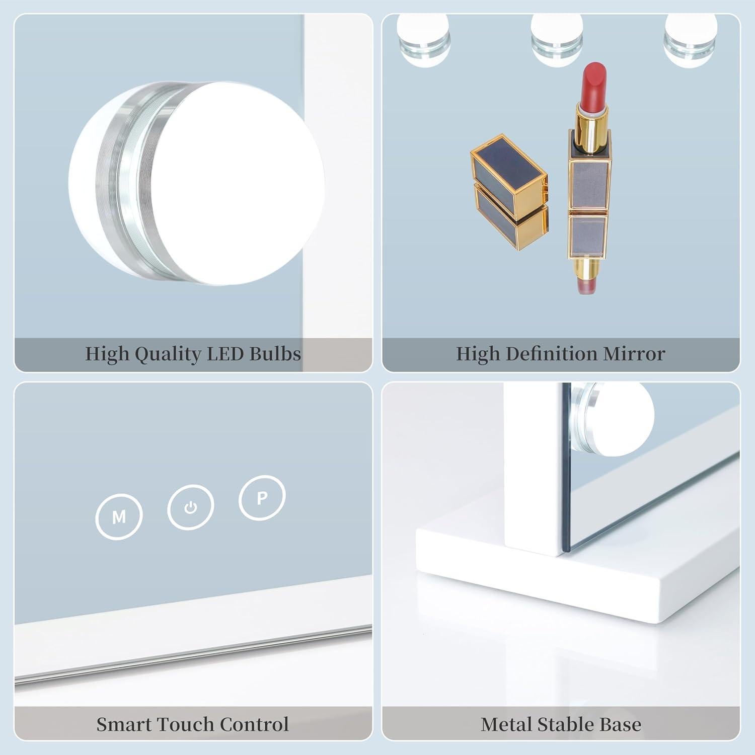 Espejo de tocador iluminado NUSVAN 58x46 cm 10X aumento USB