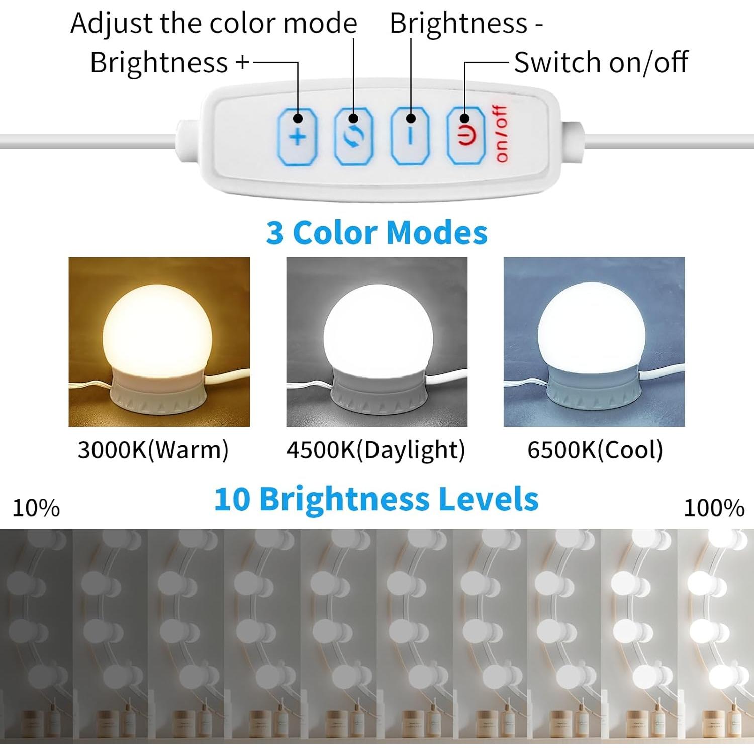 Luces de Espejo LED NEWKAZ con 12 Bombillas Adhesivas 3000K-6500K