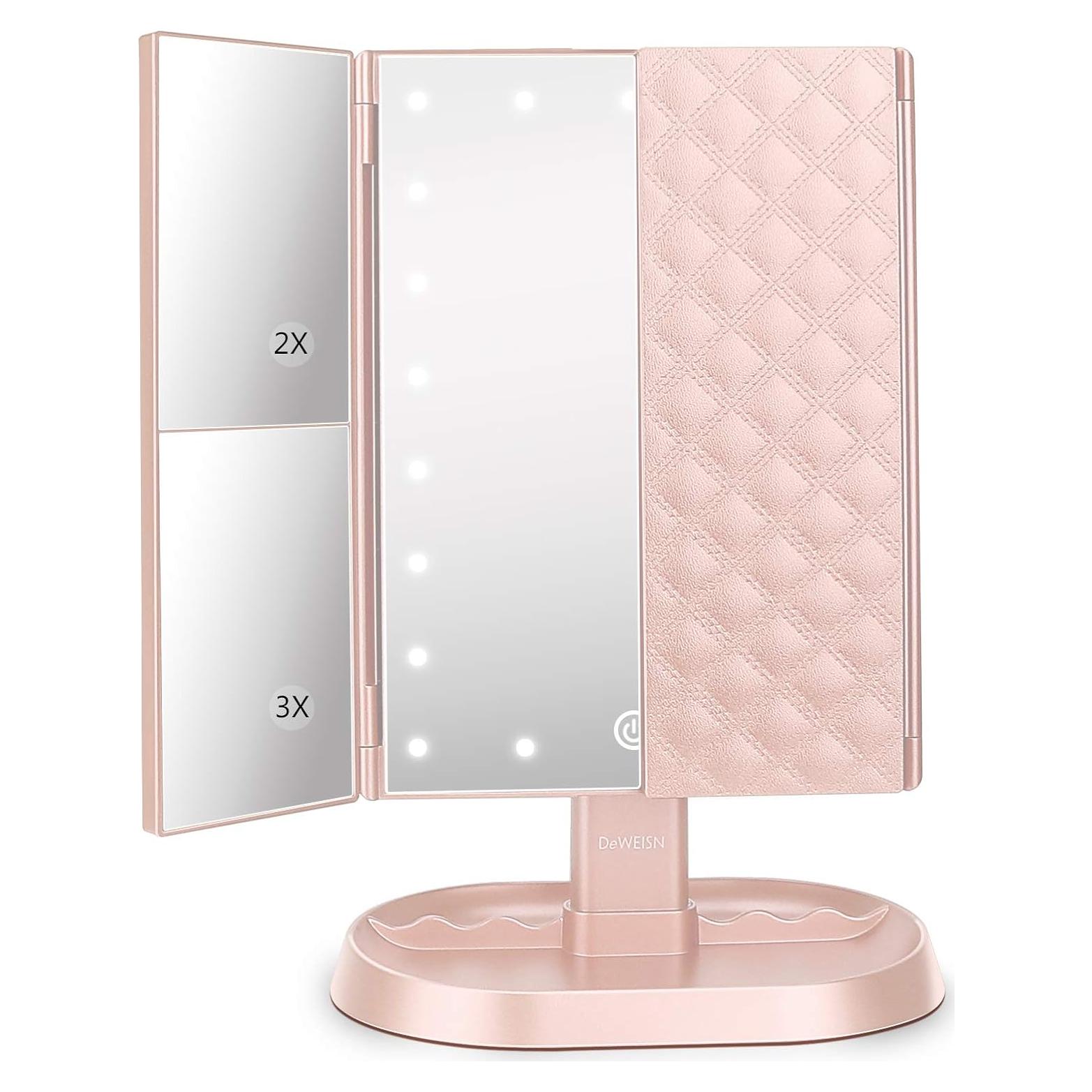 Espejo de Maquillaje Iluminado Deweisn Tri-Fold Rosa 21 LED