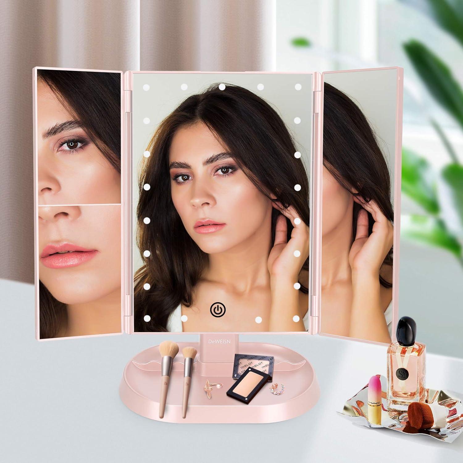 Espejo de Maquillaje Iluminado Deweisn Tri-Fold Rosa 21 LED
