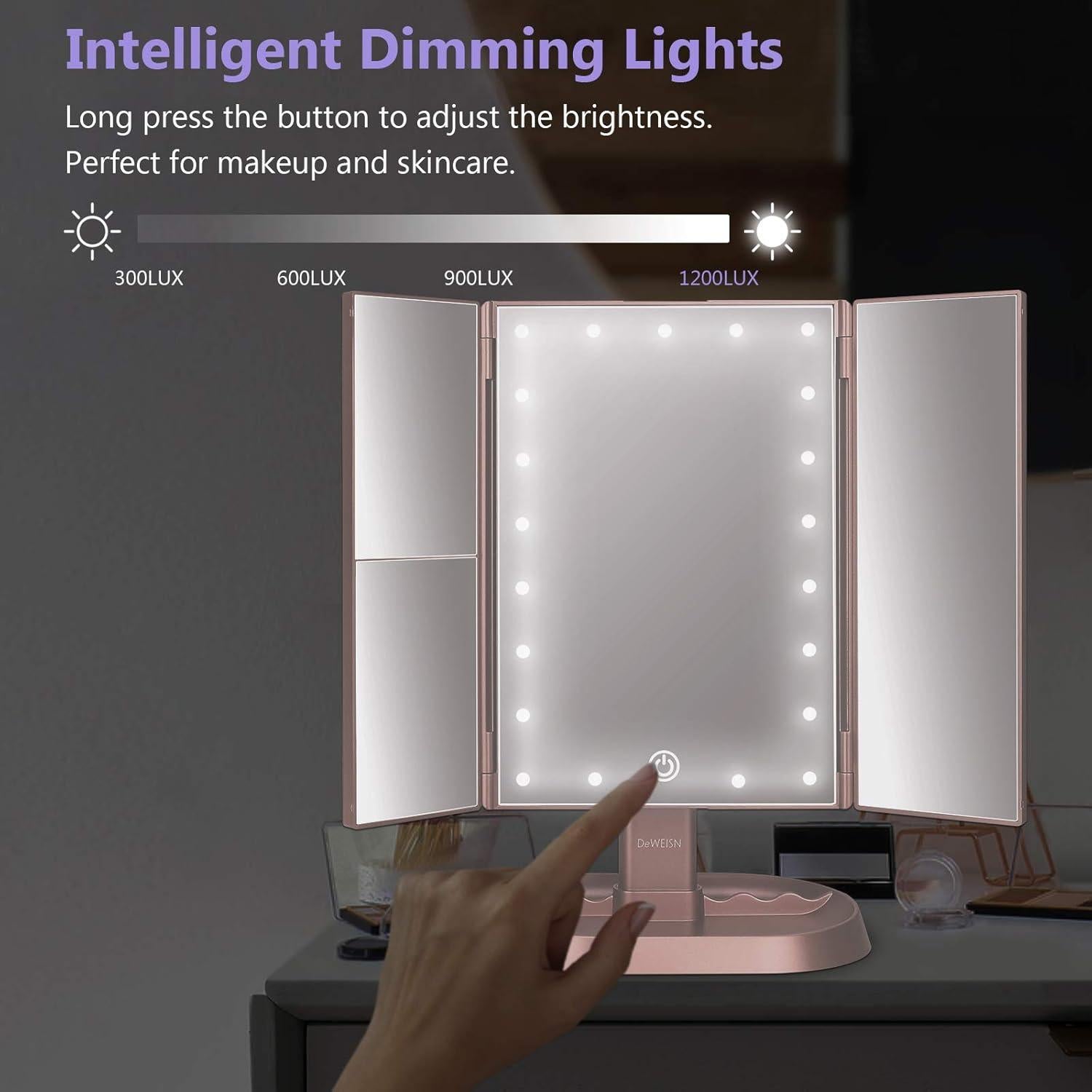 Espejo de Maquillaje Iluminado Deweisn Tri-Fold Rosa 21 LED