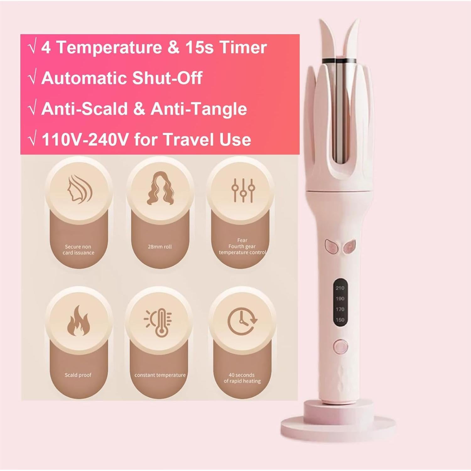 Rizador Automático de Cabello EYCOMTOM Rosa 28mm 4 Temperaturas