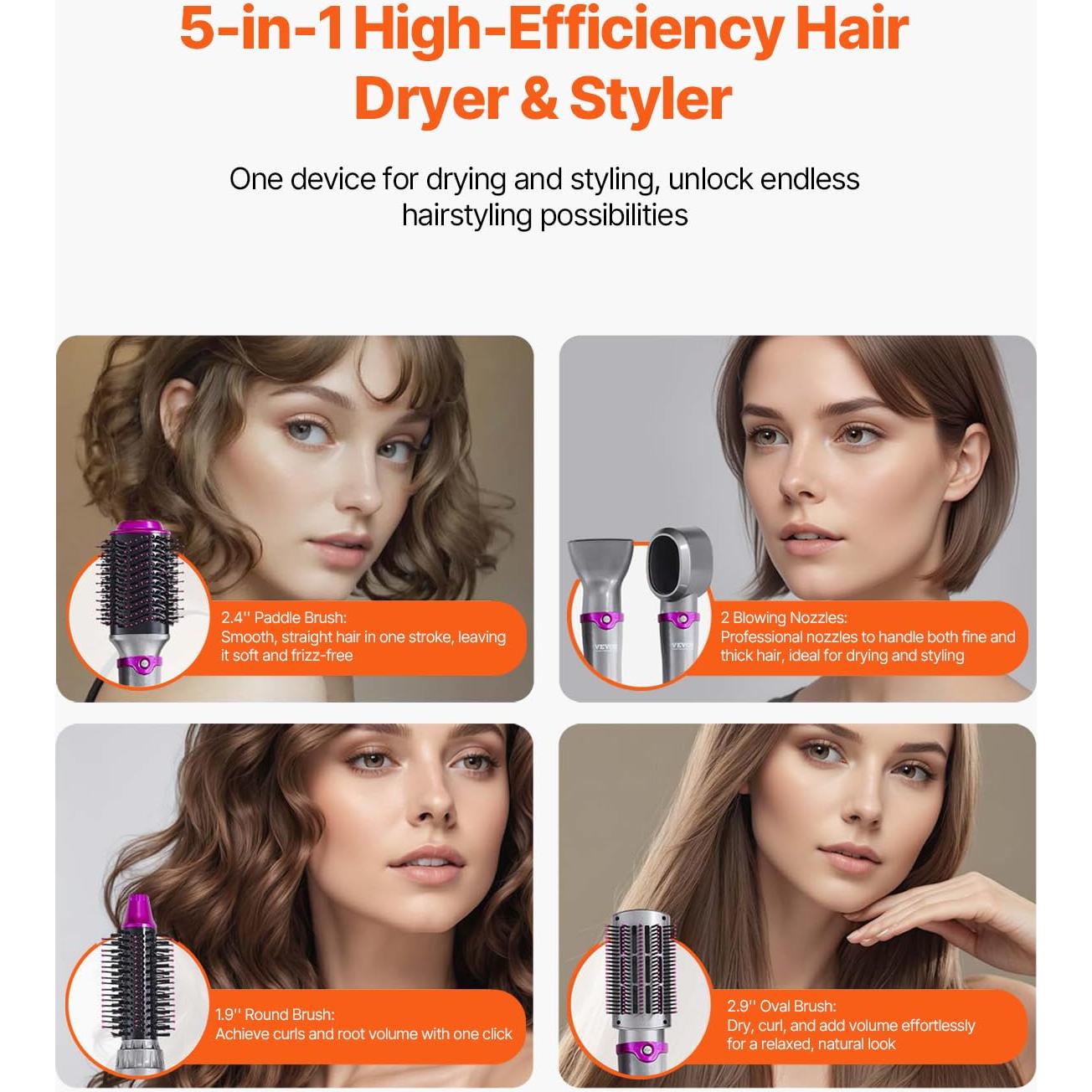 Cepillo Secador y Estilizador VEVOR 5-en-1 con 3 Cabezas