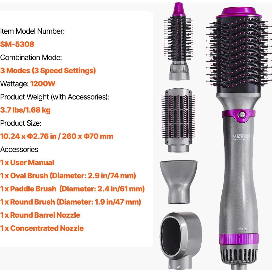 Cepillo Secador y Estilizador VEVOR 5-en-1 con 3 Cabezas