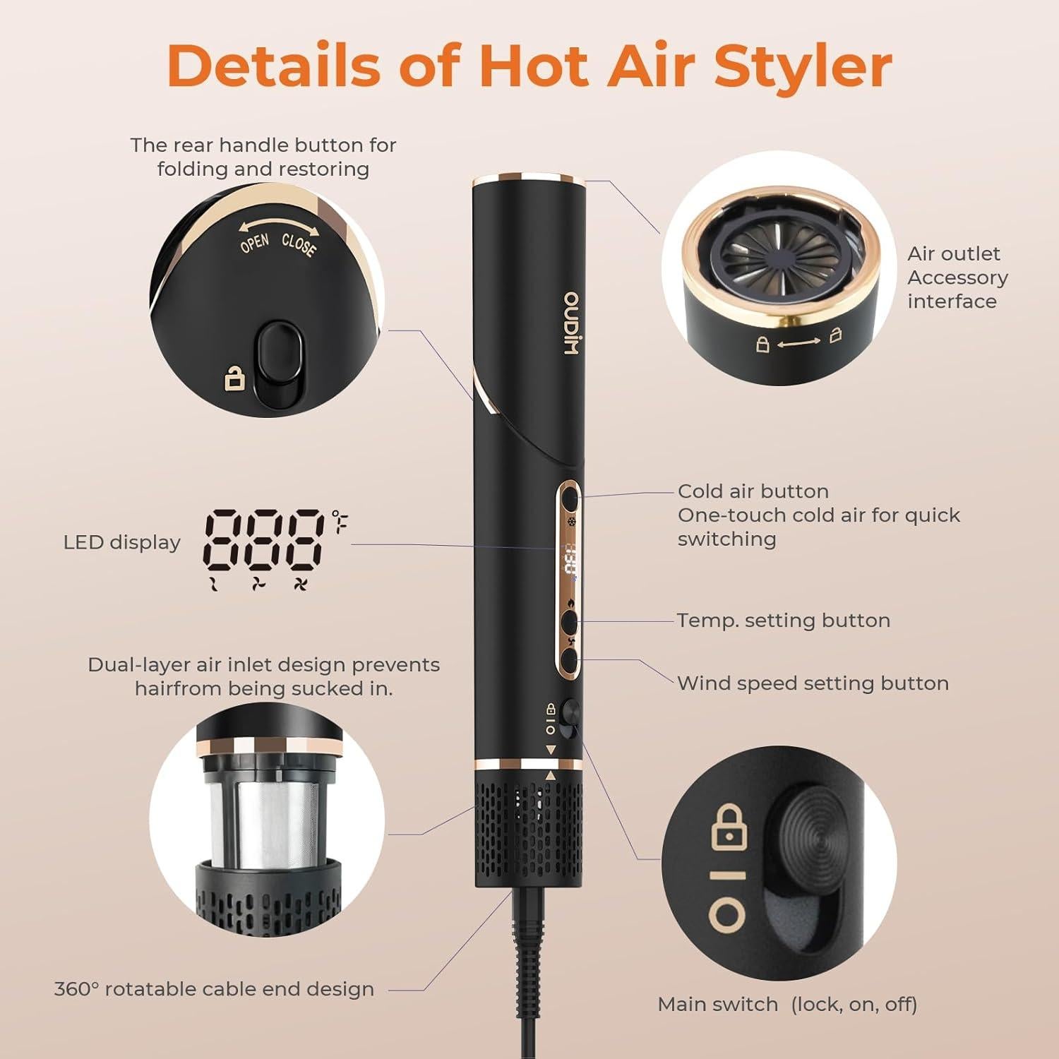 Cepillo de Aire Caliente Oudim 6 en 1 con Iones Negativos