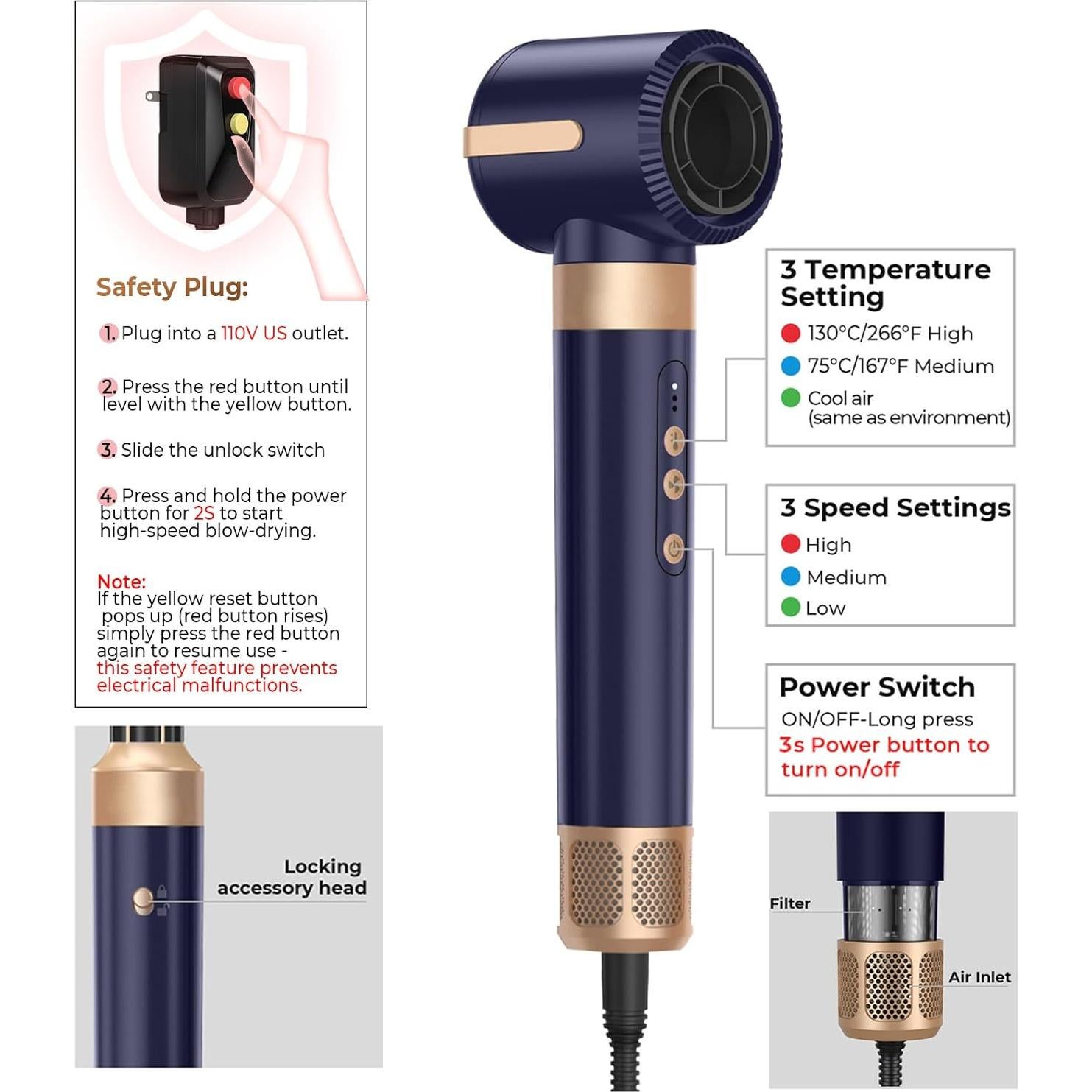 Cepillo Secador de Cabello UKLISS 7 en 1 110000 RPM Azul Dorado