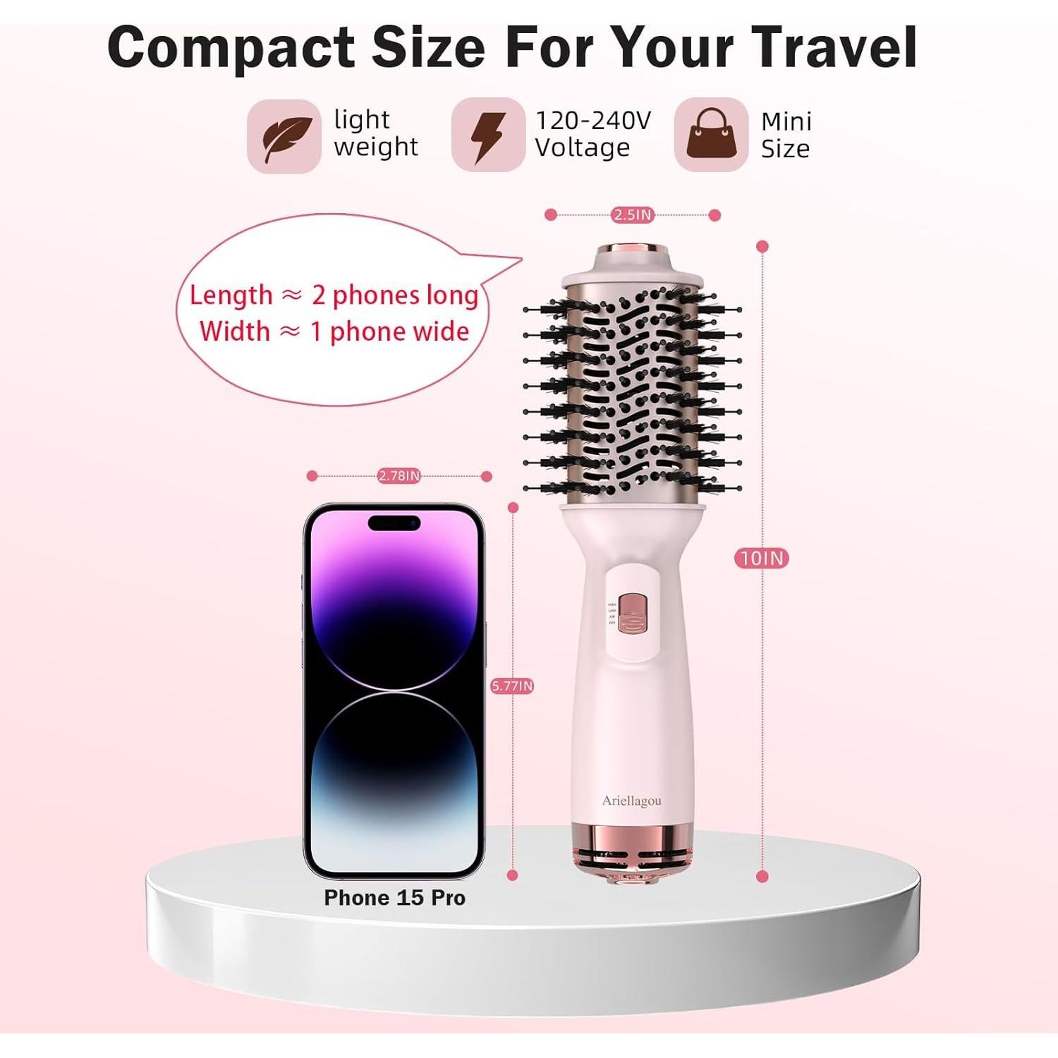 Cepillo Secador de Cabello Mini Doble Voltaje Ariellagou 25.4 cm