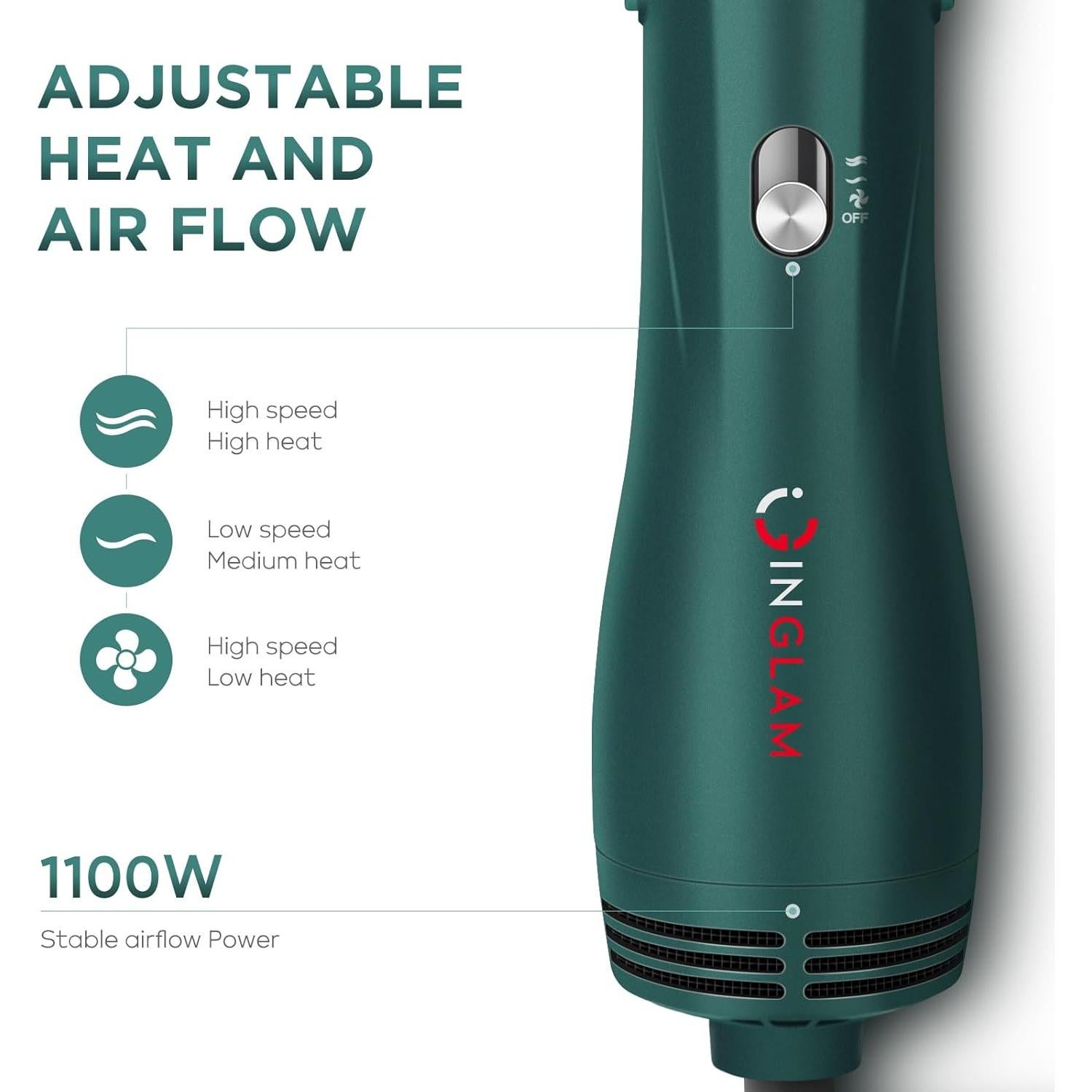 Cepillo Secador 4 en 1 IG INGLAM, Difusor Iónico, Verde