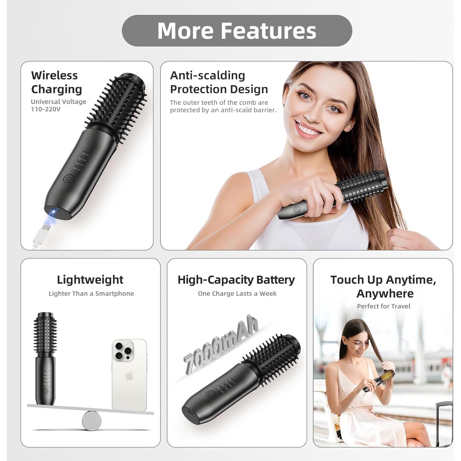 Cepillo Rizador Inalámbrico CARESKY Negro 1.5" USB-C 200M Iones