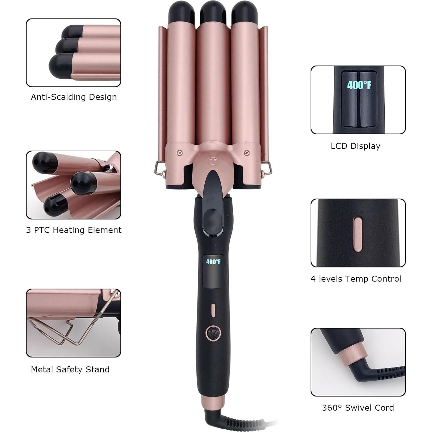 Rizador de 3 Barriles WENZHOU de Cerámica 1" Plegable Oro