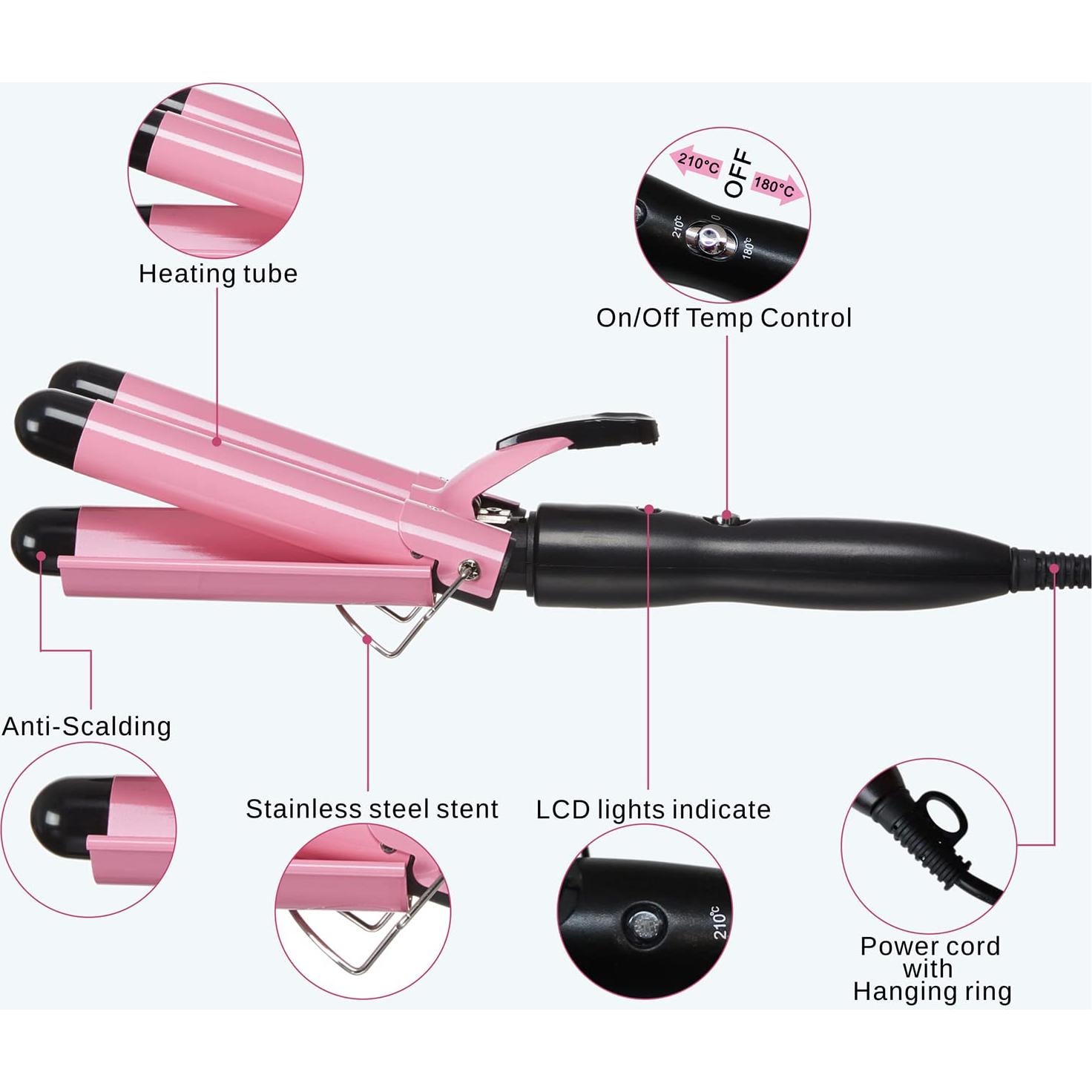 Plancha de Rizar 3 Barriles TOP4EVER 1" Cerámica Rosa