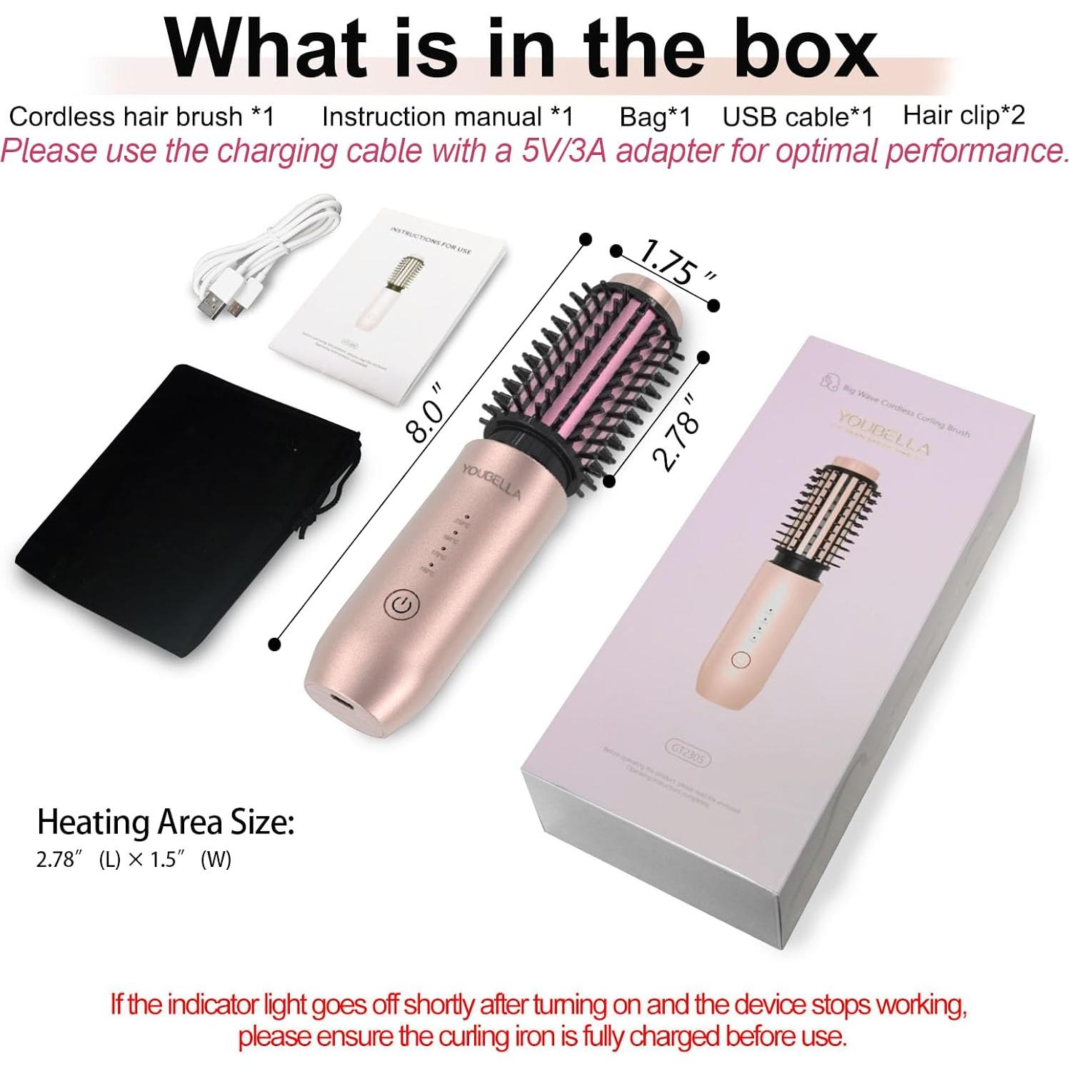 Cepillo Rizador Inalámbrico YOUBELLA Rosa 3 en 1 20.32 cm