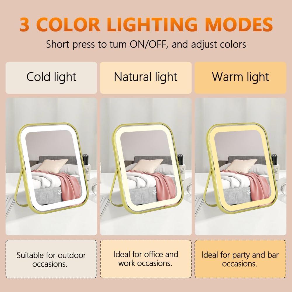 Espejo de Maquillaje LED YEKKOPT Dorado 25.4x20.3cm Plegable