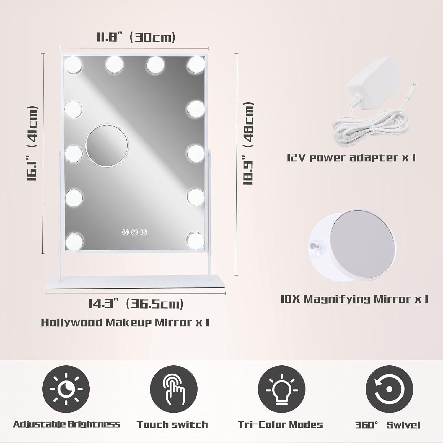 Espejo de Maquillaje Iluminado COOLJEEN 35.6 cm 12 LED 10X