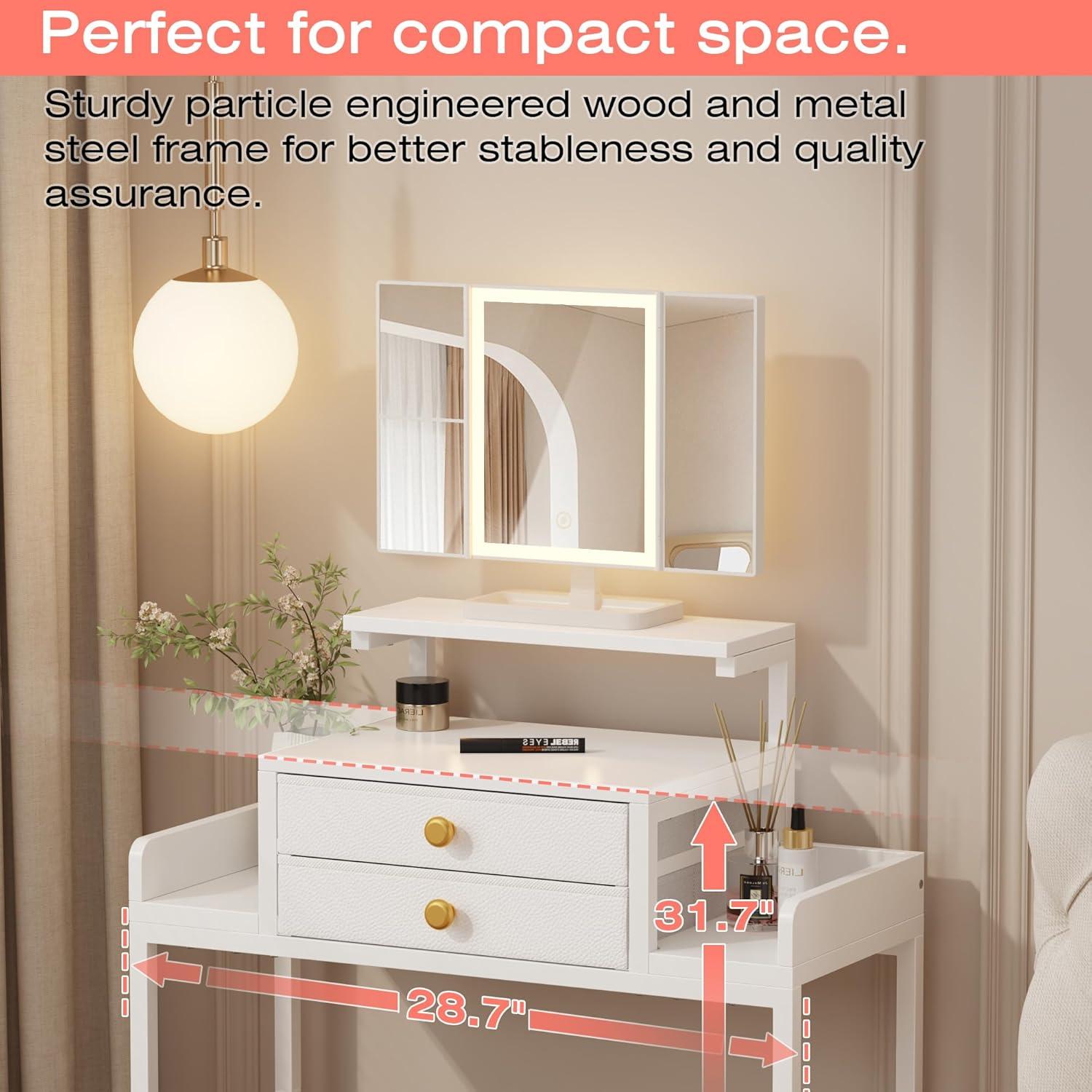 Escritorio de tocador HIGDBFE con espejo y luces LED, blanco