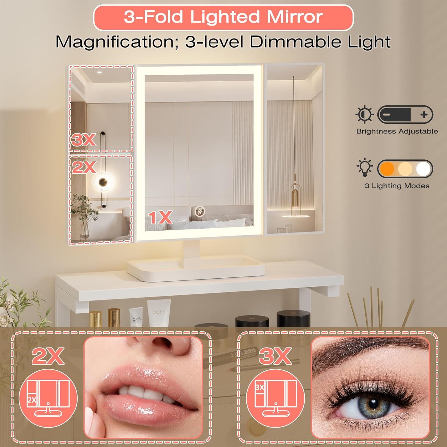 Escritorio de tocador HIGDBFE con espejo y luces LED, blanco