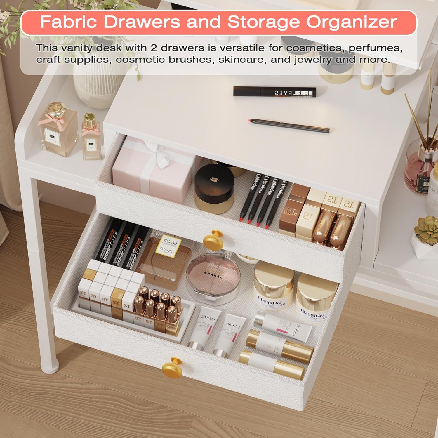 Escritorio de tocador HIGDBFE con espejo y luces LED, blanco