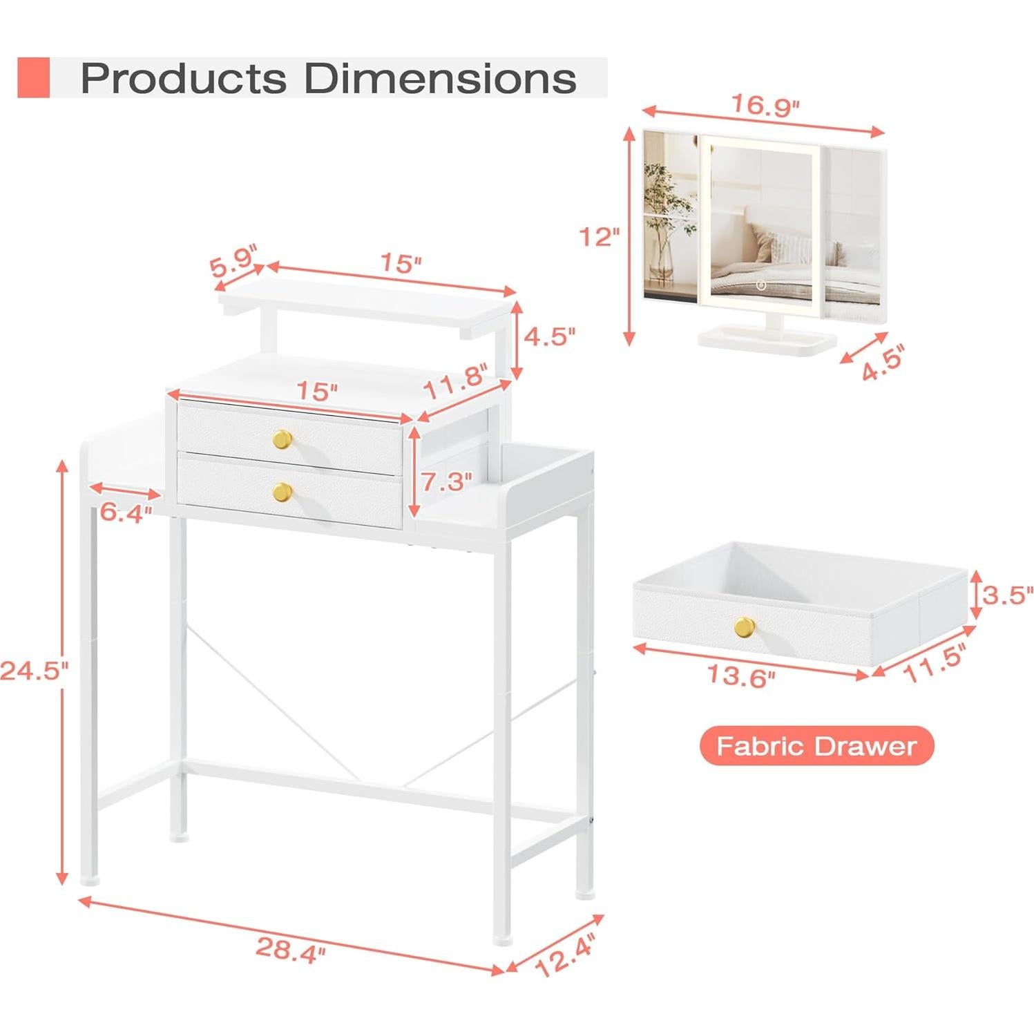 Escritorio de tocador HIGDBFE con espejo y luces LED, blanco