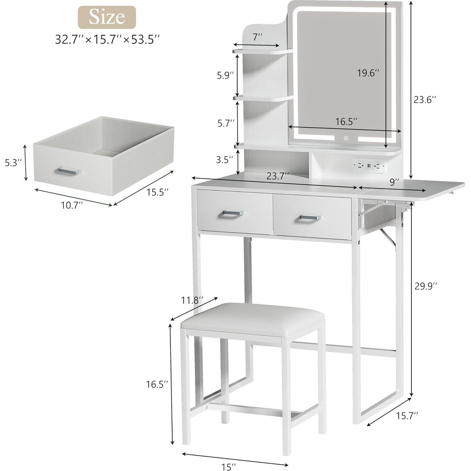 Escritorio de Maquillaje ALEXNUTRE con Espejo y Luces LED